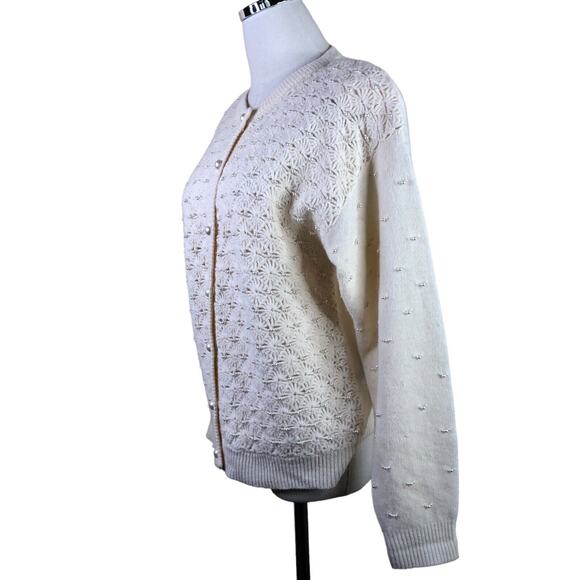 Marisa Christina Vintage Sweater Ivory Pearl Stud Lambs Wool Cardigan - Picture 12 of 12